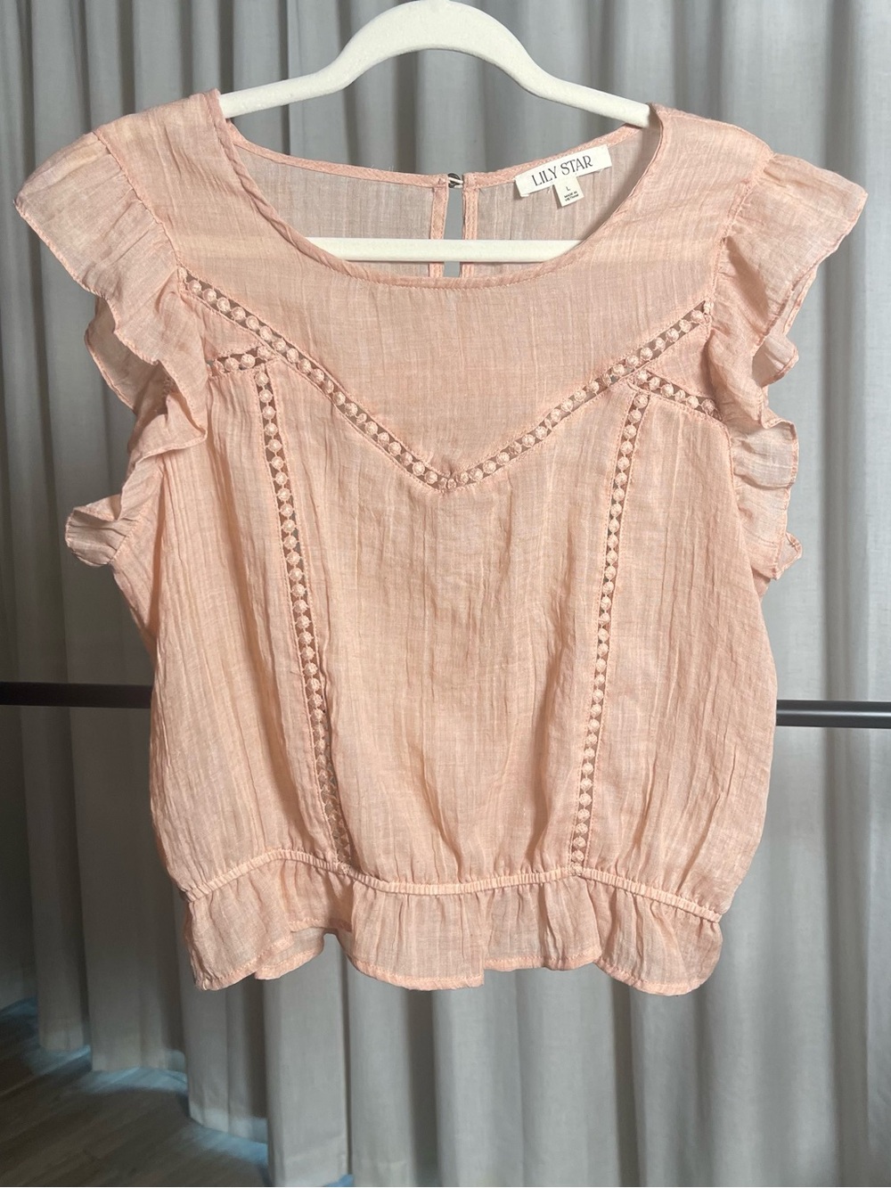 Lily Star Soft Peach Ruffle Sleeve Crochet-Trim Top